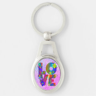 LOVE Letter Word Floral Rainbow Flowers Key Ring