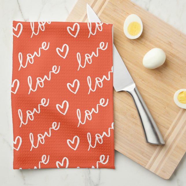 Love lettering & hearts drawing in red background tea towel (Quarter Fold)