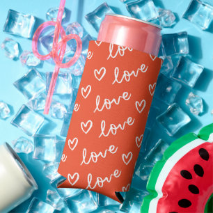 Love Lettering & Hearts Drawing Red Seltzer Can Cooler