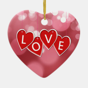 Love Lettering Red Hearts Ceramic Ornament