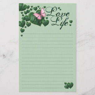 Love Life-Pink Butterfly with Heart Leaves Stationery