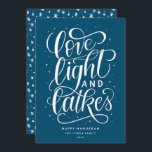 Love Light and Latkes Hanukkah Holiday Card<br><div class="desc">This festive flat holiday card features the phrase "love light and latkes" hand lettered in script. The back of the card has a coordinating pattern but can also be used to add a photo or personal message.</div>