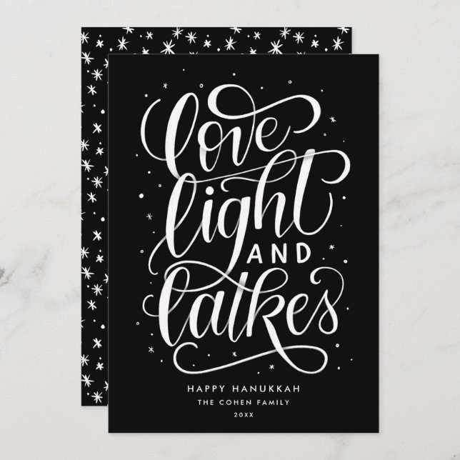 Love Light and Latkes on Black Hanukkah Holiday Card (Front/Back)