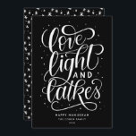 Love Light and Latkes on Black Hanukkah Holiday Card<br><div class="desc">This festive flat Hanukkah card features a black and white colour scheme along with the hand lettered phrase "love light and latkes" written in script. The back of the card has a coordinating pattern but can also be used to add a photo or personal message.</div>