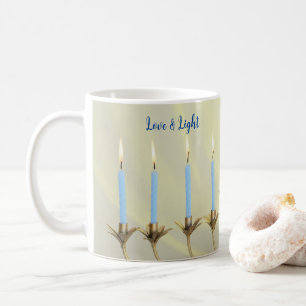 Love & Light Blue Candles Gold Menorah Coffee Mug