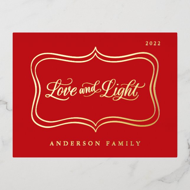 Love & Light Classic Gold Frame Foil Holiday Postcard (Front)