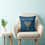 Love & Light Custom Blue Gold Hanukkah Menorah Cushion<br><div class="desc">Cute customisable Love and Light Hanukkah throw pillow for a Jewish family. Personalise this pretty home decor with your own last name or group information in blue under the pretty gold menorah.</div>