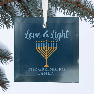 Love & Light Custom Blue Gold Hanukkah Menorah Glass Tree Decoration