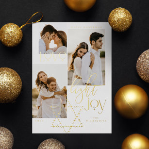 Love Light Joy Star David Hanukkah 3 Photo Collage Foil Holiday Card