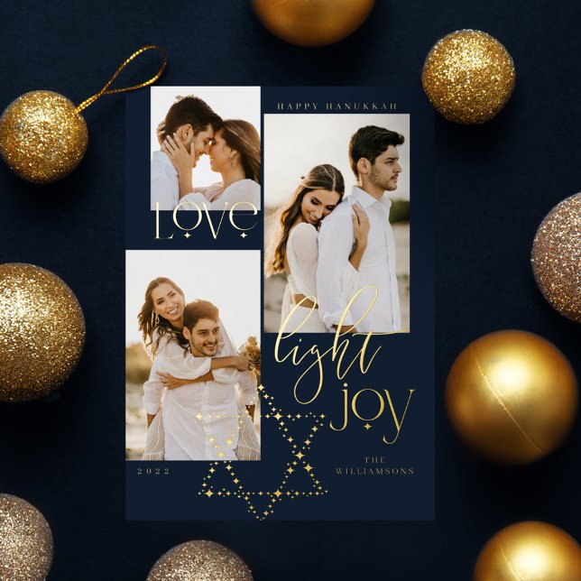 Love Light Joy Star David Hanukkah 3 Photo Collage Foil Holiday Card (Love Light Joy Star David Hanukkah 3 Photo Collage Foil Holiday Card)