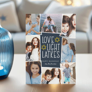 Love, Light & Latkes   Hanukkah Photo Collage Holiday Card