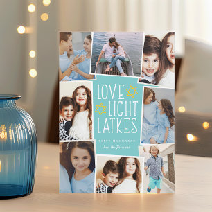 Love, Light & Latkes   Hanukkah Photo Collage Holiday Card