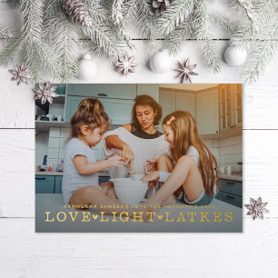 Love Light Latkes Hanukkah Photo Foil Holiday Card
