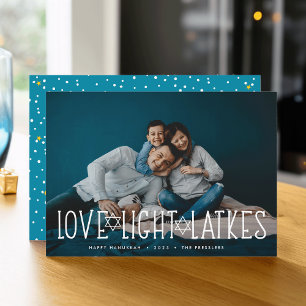 Love, Light & Latkes   Hanukkah Photo Holiday Card
