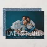 Love, Light & Latkes | Hanukkah Photo Holiday Card<br><div class="desc">Cute and lighthearted Hanukkah photo card features your favourite horizontal or landscape orientated photo with "love,  light,  latkes" overlaid in white lettering accented with stars of David. Personalise with your Hanukkah greeting,  names and the year beneath. Cards reverse to a pattern of snow and stars.</div>