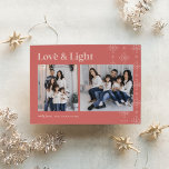 Love & Light | Modern Snowflakes Hanukkah Holiday Card<br><div class="desc">A modern and festive design for your holiday greetings featuring two photos aligned side by side, on an on-trend desert terracotta background adorned with snowflake garlands along the right side. "Love & Light" appears across the top in retro lettering, with your family name and the year along the bottom. A...</div>