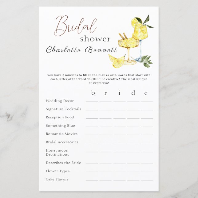 Love Limoncello Cocktail Bridal Shower Game (Front)
