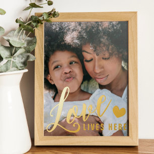 Love Lives Here Heart Family Photo Gold Foil Prints