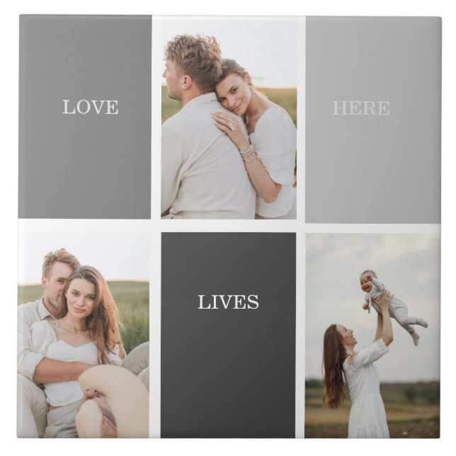 Love Lives Here | Three Photo Family Gift Ceramic Tile (Front)