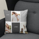 Love Lives Here | Three Photo Family Gift Cushion<br><div class="desc">Presenting a heartwarming and personalised gift that celebrates the essence of family, featuring a beautiful grey frame adorned with a touching "Love Lives Here" quote and three cherished photos. Every time the recipient catches a glimpse of this remarkable gift, their heart will be filled with fond memories and a profound...</div>