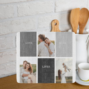 Love Lives Here   Three Photo Family Gift Cutting Board