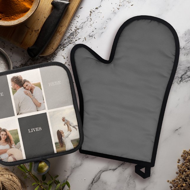 Love Lives Here | Three Photo Family Gift Oven Mitt & Pot Holder Set (Creator Uploaded)