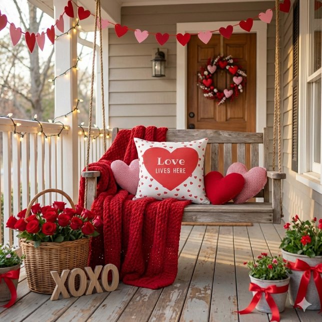 Love Lives Here Valentine's Day Cushion (Love Valentine's Day porch pillow.)