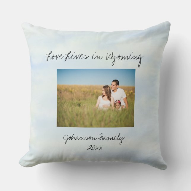 Love Lives In Wyoming State Shaped Custom Photo Cushion (Front)