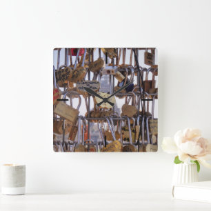 Love Locks and Eiffel Tower. Paris. France.  Square Wall Clock
