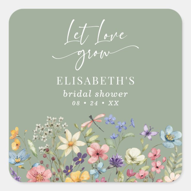 Love Love Grow Sage Green Wildflower Bridal Shower Square Sticker (Front)