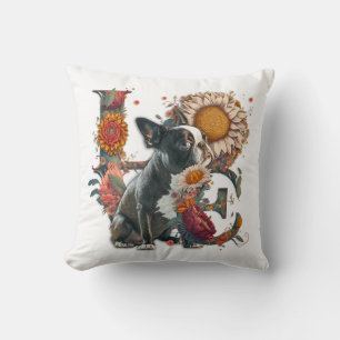 LOVE Made of Boston Terrier Sunflower Wildflower  Cushion