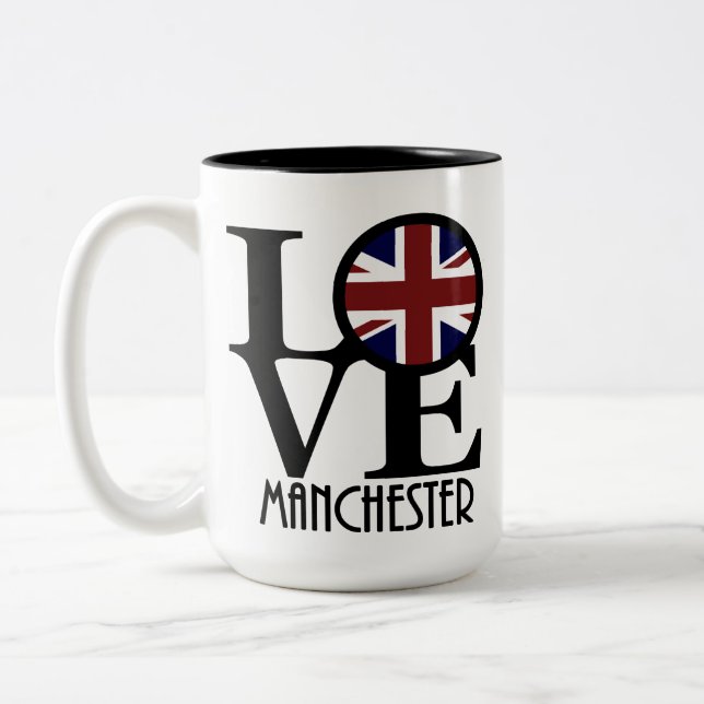 LOVE Manchester England 15oz Two-Tone Coffee Mug (Left)
