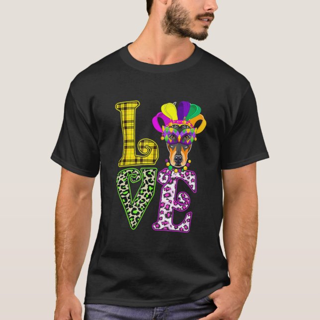 Love Mardi Gras Doberman Dog Dad Dog Mom T-Shirt (Front)
