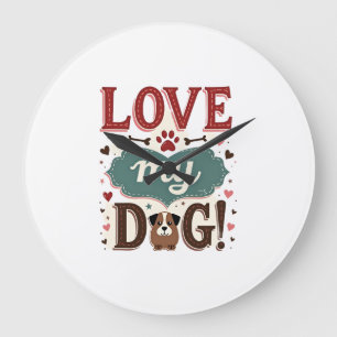 Love Me Love My Dog Vintage Cute Paw Print Dog Lov Large Clock