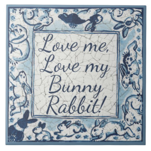 Love Me, Love My Rabbit Delft Blue White Dedham Ceramic Tile