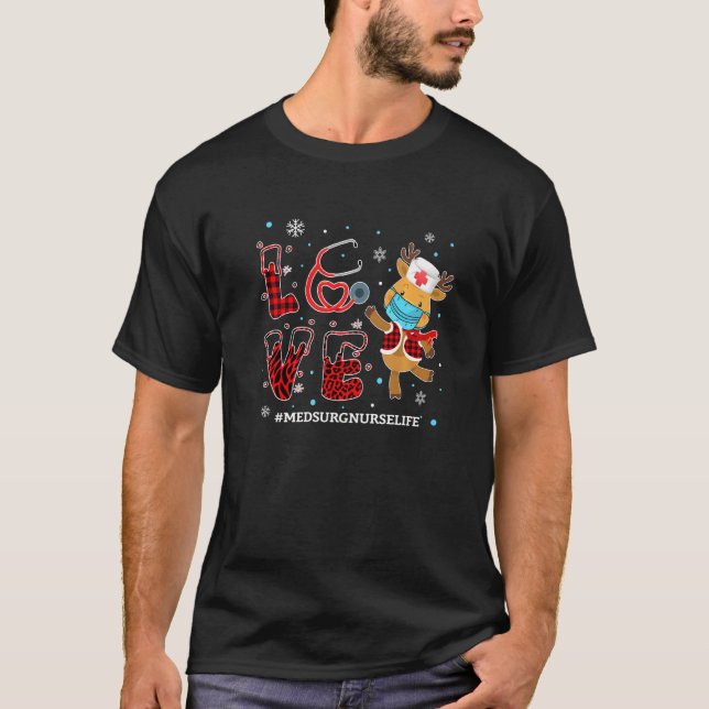 Love Med Surg Nurse Buffalo Plaid Leopard Xmas Rei T-Shirt (Front)