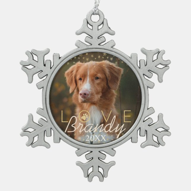 Love & Memories | Holiday Stars Pet Memorial Photo Snowflake Pewter Christmas Ornament (Front)