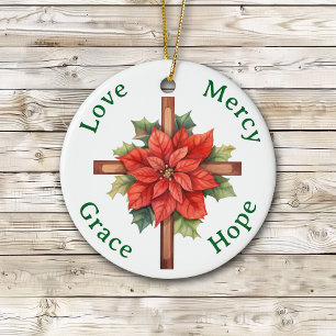 Love Mercy Grace Hope Poinsettia Cross Christmas Ceramic Ornament