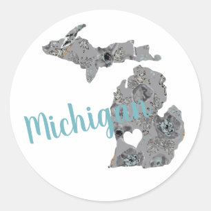 Love Michigan Floral Filled Silhouette Classic Round Sticker