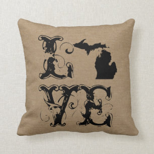 Love Michigan state rustic chic burlap vintage Cushion