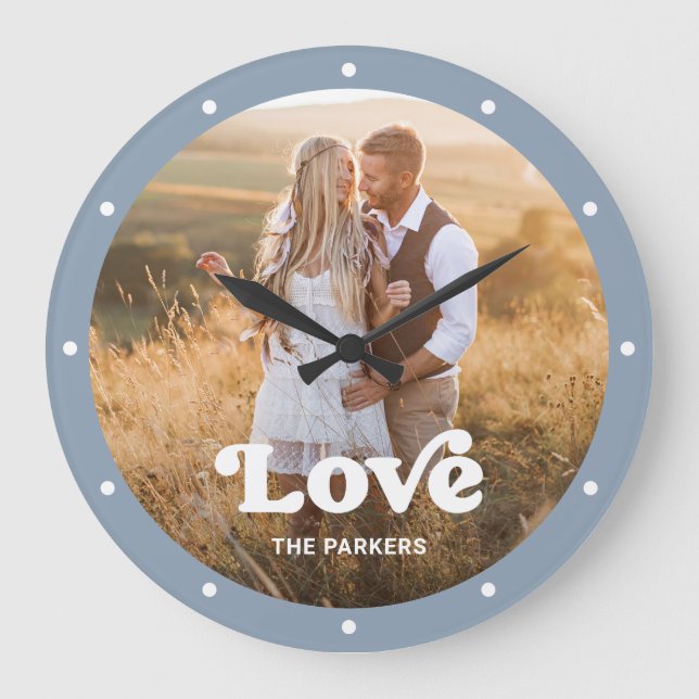 Love | Modern Script with Photo Dusty Blue Large Clock (Front)