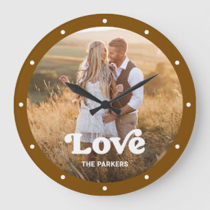 Love   Modern Script with Photo Rustic Brown Large Clock