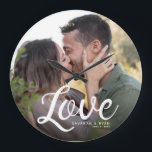 LOVE Modern Simple Script Elegant Keepsake Large Clock<br><div class="desc">Elegant modern wedding keepsake for Newlyweds,  Valentine's Day,  anniversaries,  showcasing your favourite wedding or engagement photo with modern script calligraphy reading LOVE over your custom names and date over a dark gradient to make the typography stand out.</div>