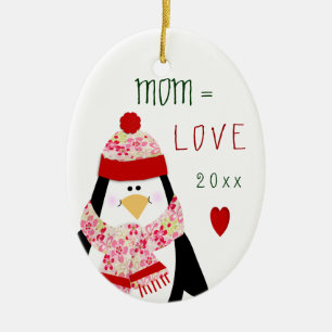 Love MOM Penguin Christmas Gift Ceramic Ornament