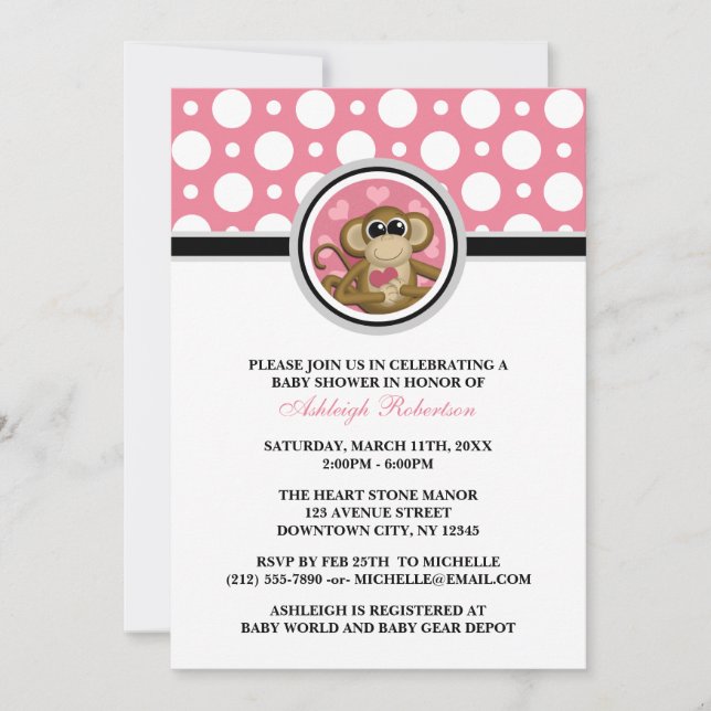 Love Monkey Pink Polka Dot Baby Shower Invitations (Front)