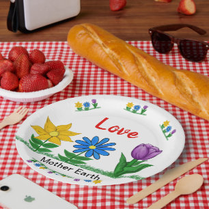 Love Mother Earth Garden Flowers White Paper Plate