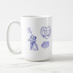 Love mug with toile and birds kissing illustration