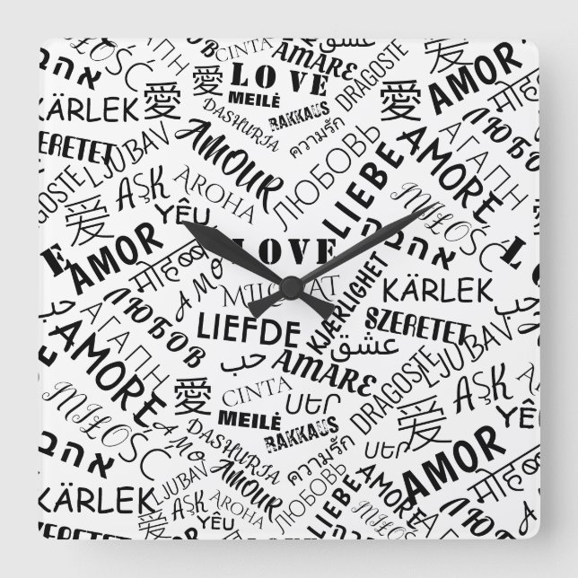 LOVE - Multi Language - Customisable International Square Wall Clock (Front)