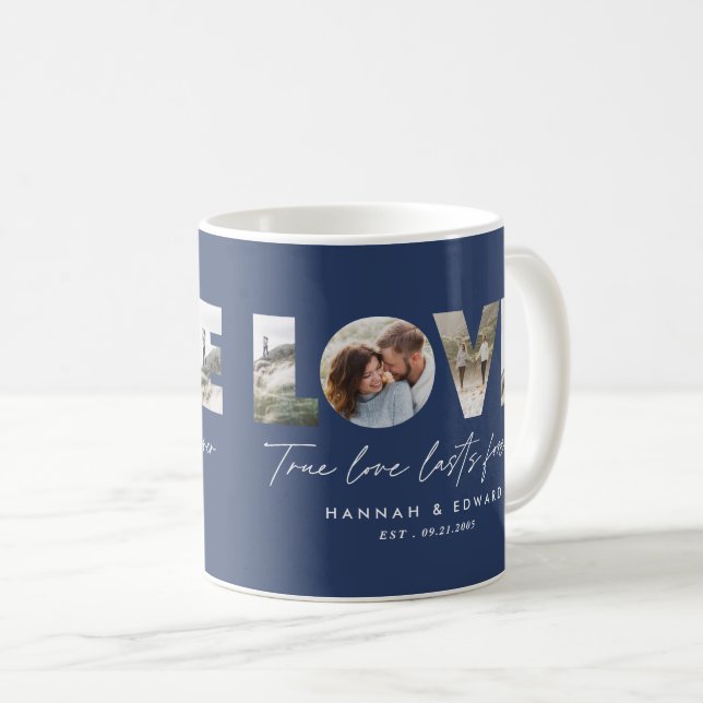 Love multi photo modern minimal blue elegant coffee mug (Front Right)