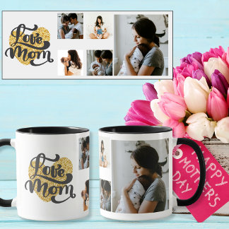 Love Mum gold heart with 5 Custom Photos Mug